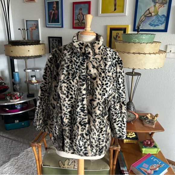 Retro 1940s Style Coat Snow Leopard Faux Fur M L Chicos Glam Pinup - Picture 3 of 7